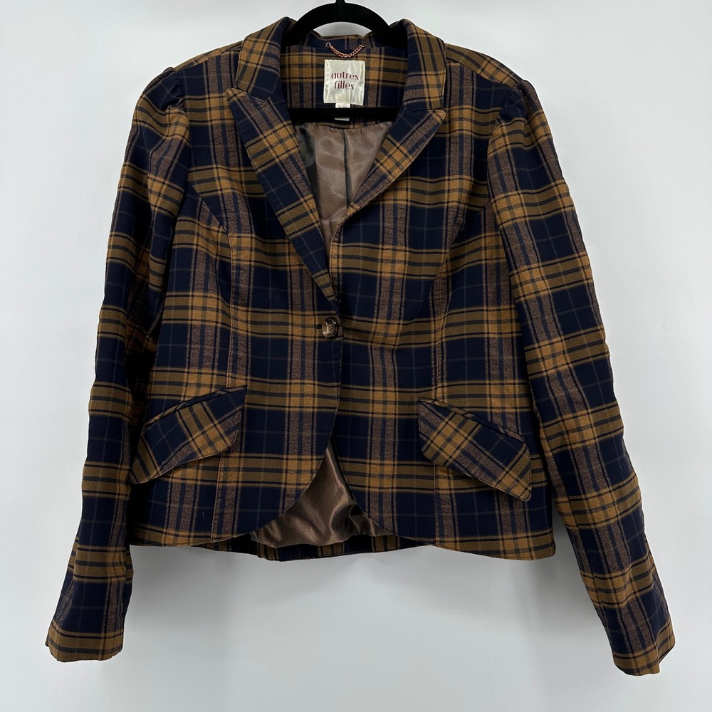 Autres Filles Brown Navy Plaid Puffed Shoulder Blazer XL CHU33540